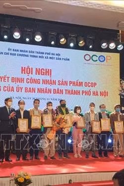 Trao giấy chứng nhận sản phẩm đạt tiêu chuẩn OCOP cho các chủ thể. Ảnh: Phương Anh-TTXVN 