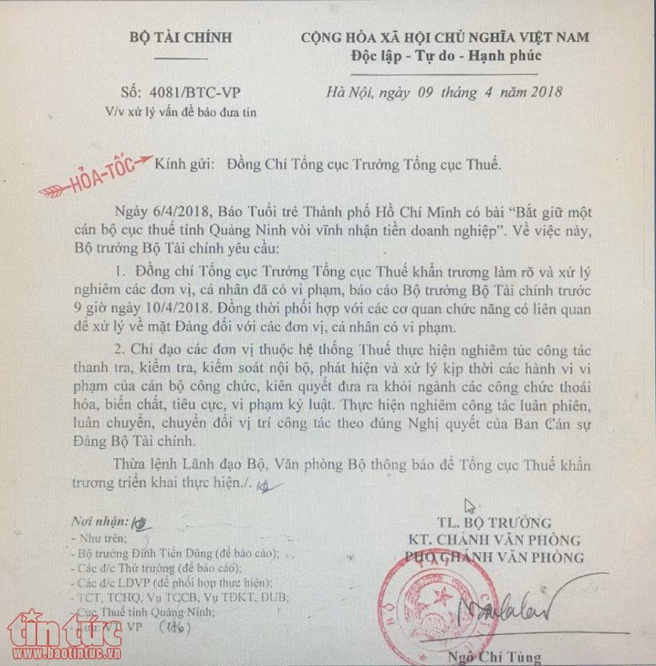 Bộ Tài chính yêu cầu xử lý cán bộ vòi vĩnh, nhận tiền doanh nghiệp ảnh 1