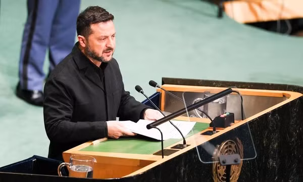 Tổng thống Ukraine Volodymyr Zelensky phát biểu tại phiên họp thứ 81 của Đại hội đồng Liên hợp quốc ở New York ngày 23/9. Ảnh: Yonhap