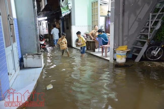 Người dân TP Hồ Chí Minh lại ‘bì bõm' trong nước triều dâng cao ảnh 6