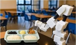 Công ty NT Robot giới thiệu robot hỗ trợ cho ăn dạng mô-đun, có thể di chuyển. Thiết bị được thiết kế nhằm hỗ trợ người cao tuổi và người khuyết tật gặp khó khăn khi tự ăn uống. Ảnh: NT Robot