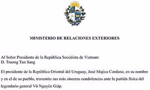 Phần đầu điện chia buồn của Tổng thống Mujica (ảnh: Bộ ngoại giao Uruguay)