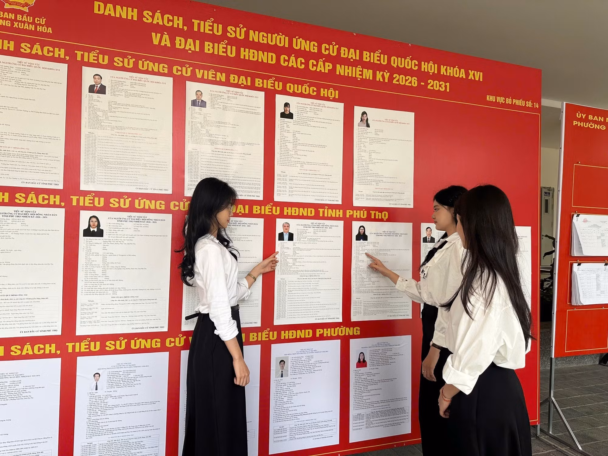Cử tri trẻ Trường Đại học Sư phạm Hà Nội 2 tìm hiểu thông tin về các ứng cử viên. Ảnh: Nguyễn Thảo/TTXVN