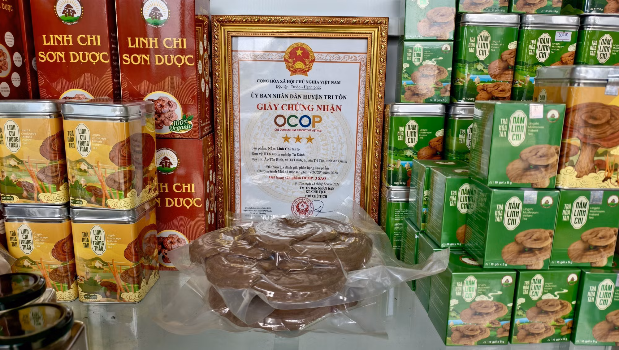 Các sản phẩm chế biến từ nấm được giới thiệu tại gian hàng “Nương Farm”. Ảnh: Thanh Sang/TTXVN