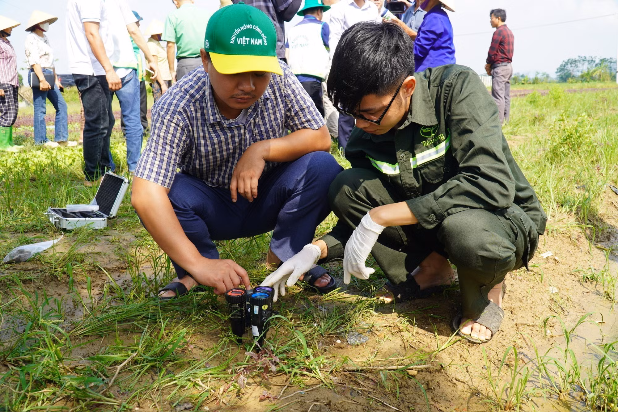 Cán bộ Trung tâm Khuyến nông Quốc gia sử dụng các thiết bị đo để kiểm tra đất trồng cây vụ Đông tại xã Hoằng Giang sau bão số 10.