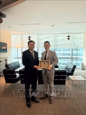 Đồng chí Nguyễn Long Hải trong cuộc gặp ông Desmond Choo - Ủy viên Trung ương đảng Hành động Nhân dân Singapore (PAP). Ảnh: TTXVN phát