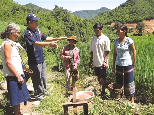 Hướng dẫn đồng bào ở làng Đăk Brỏi, xã Đăk Nhoong chăm sóc lúa