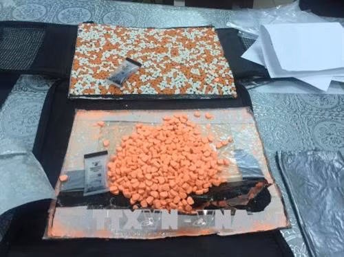 Thuốc lắc giấu trong ruột các loa điện tử, trong vách thùng carton, trong đế hộp đựng đồ chơi…gửi qua đường chuyển phát nhanh bị lực lượng hải quan phát hiện, thu giữ. Ảnh: TTXVN phát