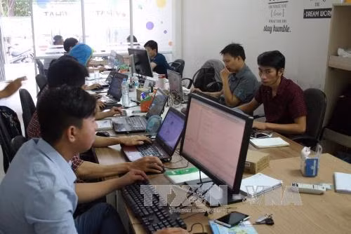 Các kỹ sư Công ty Vihat quản lý và phát triển ứng dụng. Ảnh: Tiến Lực – TTXVN