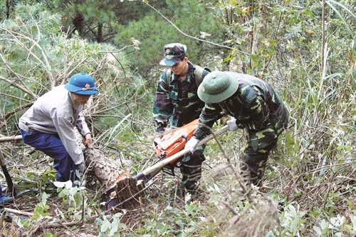 Cán bộ, chiến sĩ đồn Biên phòng Ba sơn cùng đồng bào phát quang đường, thông tầm nhìn biên giới