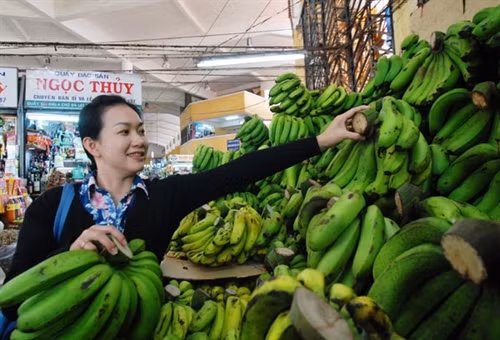 Du khách mua chuối Laba ở Quầy chuối Tú Hà - Sạp 083 chợ Đà Lạt. Ảnh: Mai Vinh