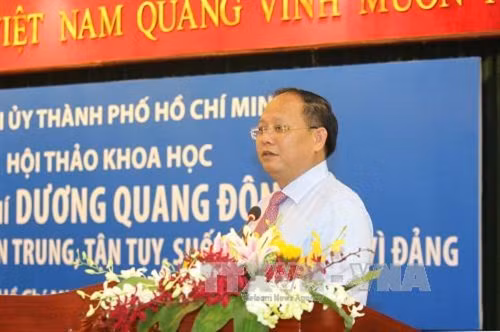 Đồng chí Tất Thành Cang, Phó Bí thư Thường trực Thành ủy Thành phố Hồ Chí Minh phát biểu tại hội thảo. Ảnh: Thanh Vũ-TTXVN