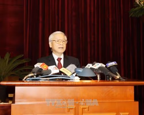 Tổng Bí thư Nguyễn Phú Trọng phát biểu khai mạc Hội nghị lần thứ sáu Ban Chấp hành Trung ương Đảng Cộng sản Việt Nam khóa XII. Ảnh: TTXVN