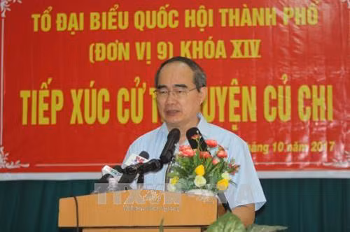 Bí thư Thành ủy Thành phố Hồ Chí Minh Nguyễn Thiện Nhân phát biểu tại buổi tiếp xúc cử tri huyện Củ Chi. Ảnh: Thanh Vũ-TTXVN