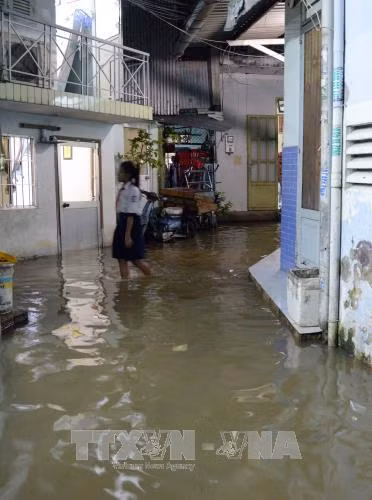 Khu vực bờ kè Thanh Đa, phường 25, quận Bình Thạnh bị ngập sâu gần 0,5 mét khiến sinh hoạt và đi lại của người dân gặp nhiều khó khăn. Ảnh : Mạnh Linh-TTXVN
