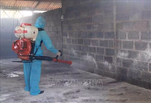 Cán bộ thú y tỉnh Đắk Lắk phun tiêu độc, khử trùng chuồng trại chăn thả gia cầm ngăn chặn dịch cúm A/H5N6 lan rộng. Ảnh: Phạm Cường-TTXVN
