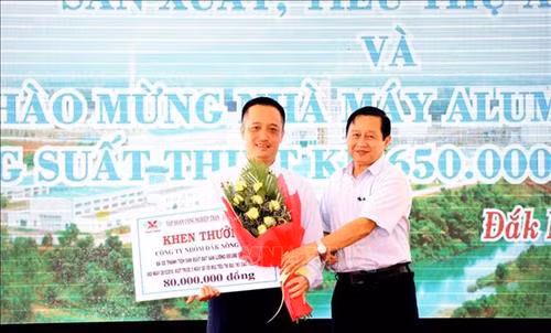 Lãnh đạo Công ty Nhôm Đắk Nông nhận bằng khen từ Tập đoàn Công nghiệp Than - Khoáng sản Việt Nam. Ảnh: Hưng Thịnh-TTXVN