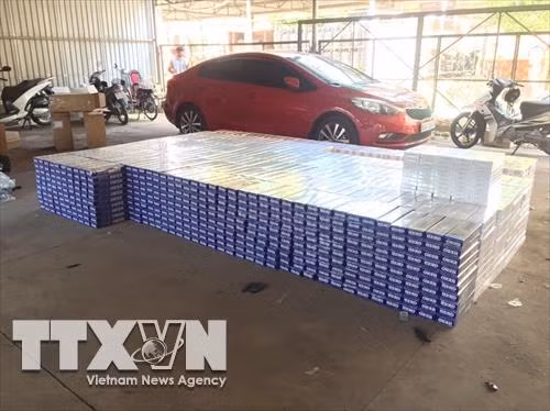 Công an thị xã Bến Cát (Bình Dương) bắt giữ xe ô tô khách loại 16 chỗ chở 28.500 bao thuốc lá ngoại các nhãn hiệu Jet, Hero, Craven và Else. Ảnh: Nguyễn Văn Việt - TTXVN