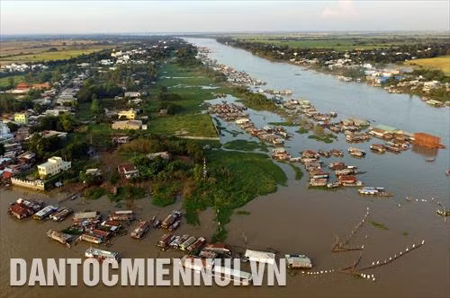 Làng nổi cá bè Châu Đốc (An Giang) là nơi tập trung nhiều nhà bè nuôi cá nhất ở khu vực Đồng bằng sông Cửu Long, hiện có trên 300 lồng bè nuôi cá. Ngoài việc phát triển nghề nuôi cá truyền thống, làng cá bè còn được biết đến như một điểm du lịch độc đáo, hấp dẫn thu hút khách đến tham quan. Trong ảnh: Làng nổi cá bè Châu Đốc nhìn từ trên cao