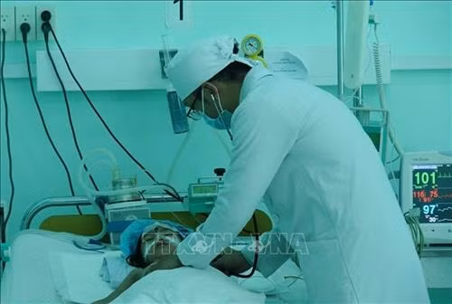 Ca sốt xuất huyết nặng phải sử dụng máy thở, đang được điều trị tại phòng hồi sức Bệnh viện Nhiệt đới tỉnh Khánh Hòa. Ảnh: Phan Sáu - TTXVN