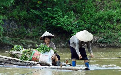 Người dân đi trên bè mảng không hề có phao cứu sinh rất nguy hiểm đến tính mạng. Ảnh: Phan Tuấn Anh-TTXVN
