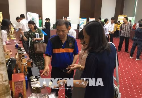 Ông Khương Văn Thuấn giới thiệu sản phẩm của Công ty TNHH Công nghệ sinh học TVT, tại một Hội nghị về Nông nghiệp Công nghệ cao tháng 9/2017. Ảnh: Tiến Lực – TTXVN