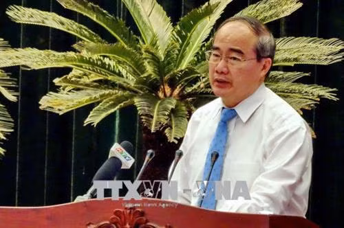 Đồng chí Nguyễn Thiện Nhân, Ủy viên Bộ Chính trị, Bí thư Thành ủy Thành phố Hồ Chí Minh phát biểu kết luận hội nghị. Ảnh : Thế Anh-TTXVN