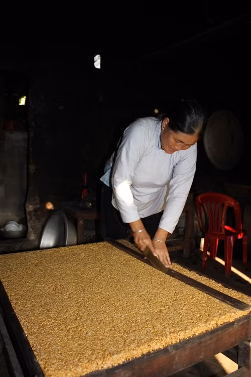 Bánh được cắt khi còn nõng để tránh bị cứng. Ảnh: Nguyễn Duy- TTXVN