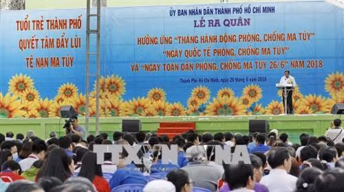 Quang cảnh lễ ra quân hưởng ứng “Tháng hành động phòng, chống ma túy” năm 2018. Ảnh: Thế Anh-TTXVN