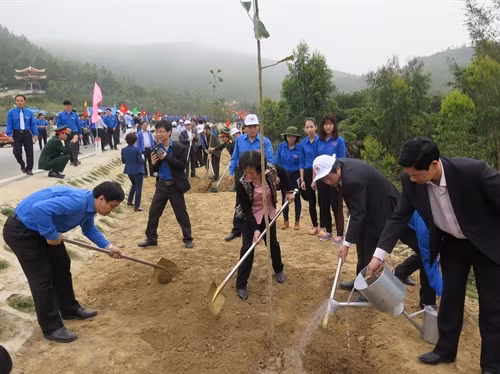 Các đoàn viên, thanh niên trồng cây tại đường dẫn lên mộ Đại tướng Võ Nguyên Giáp. Ảnh: Đức Thọ- TTXVN