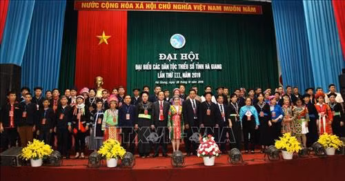 65 đại biểu tham dự Đại hội Đại biểu toàn quốc các dân tộc thiểu số Việt Nam lần thứ II ra mắt Đại hội. Ảnh: Minh Tâm-TTXVN