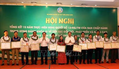 Bộ trưởng Bộ Nông nghiệp và phát triển nông thôn Nguyễn Xuân Cường trao Bằng khen cho các Hợp tác xã tiêu biểu. Ảnh: Vũ Sinh - TTXVN