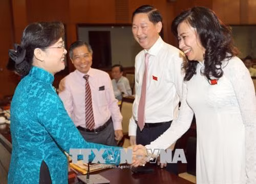 Chủ tịch Hội đồng Nhân dân Thành phố Hồ Chí Minh Nguyễn Thị Quyết Tâm (trái) với các đại biểu tham dự cuộc họp. Ảnh: Quang Nhựt - TTXVN