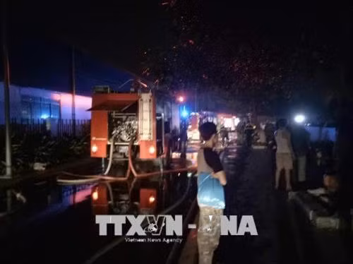 Lực lượng Cảnh sát PCCC Thành phố Hồ Chí Minh triển khai lực lượng dập lửa. Ảnh: Linh Sơn - TTXVN