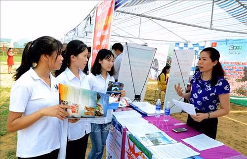Tư vấn, giới thiệu người lao động các xã thuộc khu vực ATK Yên Sơn về thị trường xuất khẩu lao động của đơn vị. Ảnh: Quang Cường – TTXVN.