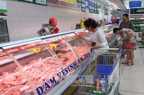 Người tiêu dùng chọn mua thịt heo có truy xuất nguồn gốc tại hệ thống siêu thị Co.op Mart. Ảnh: Thanh Vũ-TTXVN