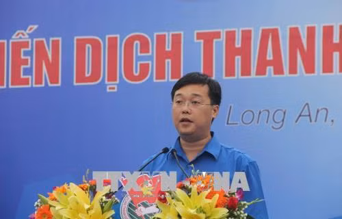 Bí thư thứ nhất Trung ương Đoàn TNCS Hồ Chí Minh Lê Quốc Phong phát biểu. Ảnh: Bùi Trường Giang-TTXVN
