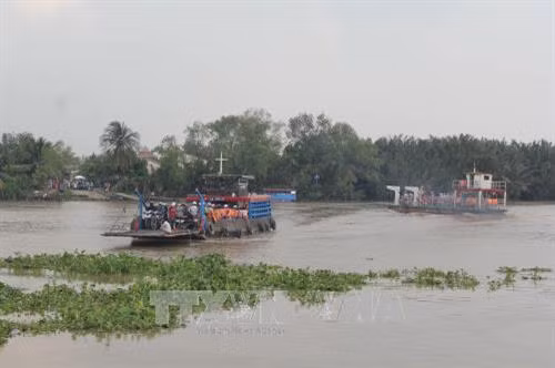Đôi phà được bố trí để người dân, học sinh qua lại sông Vàm Cỏ Tây. Ảnh: Bùi Như Trường Giang - TTXVN