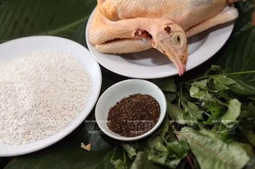 Nguyên liệu gồm có gà đã làm sạch lông, quả mắc khén, gạo nếp nương Mai Châu và lá cẩm tím