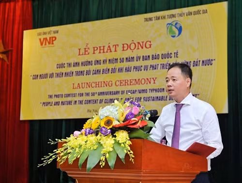 PGS, TS Trần Hồng Thái, Phó Tổng Giám đốc Trung tâm KTTV Quốc gia, Trưởng Ban tổ chức Cuộc thi phát biểu tại Lễ phát động. Ảnh Ngọc Đức