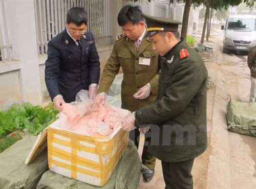 Lực lượng liên ngành thành phố Hà Nội bắt giữ thực phẩm bẩn được đưa vào nội đô tiêu thụ. (Ảnh: Đức Duy/Vietnam+)