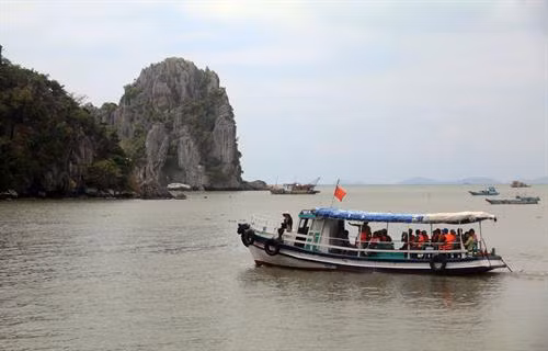 Du thuyền đưa khách du lịch ra thăm quan hang Giếng Tiên tại Khu du lịch Hòn Phụ Tử. Ảnh: Lê Huy Hải - TTXVN