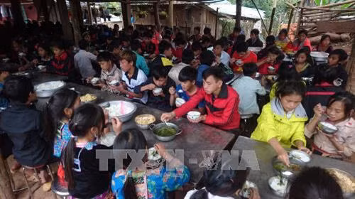 Bữa ăn của học sinh trường Phổ thông Dân tộc bán trú Tiểu học Nậm Ngà. Ảnh: Quang Duy - TTXVN