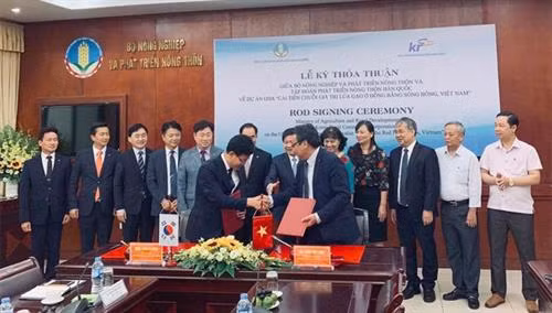 Đại diện KRC và Bộ NN-PTNT ký kết thỏa thỏa thuận về dự án Cải thiện chuỗi giá trị lúa gạo ở Đồng bằng sông Hồng, Việt Nam. Ảnh: daibieunhandan.vn