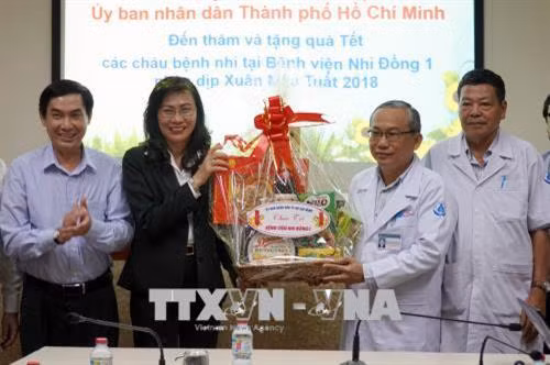 Phó Chủ tịch UBND Thành phố Hồ Chí Minh Nguyễn Thị Thu cùng lãnh đạo Sở Y tế thăm và chúc tết tập thể y bác sĩ Bệnh viện Nhi đồng 1.Ảnh: Phương Vy-TTXVN