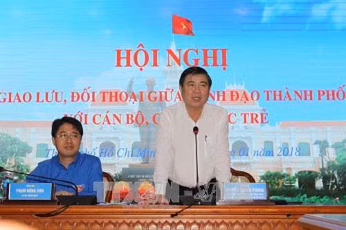 Chủ tịch UBND Thành phố Hồ Chí Minh Nguyễn Thành Phong phát biểu tại buổi giao lưu. Ảnh: Thanh Vũ-TTXVN