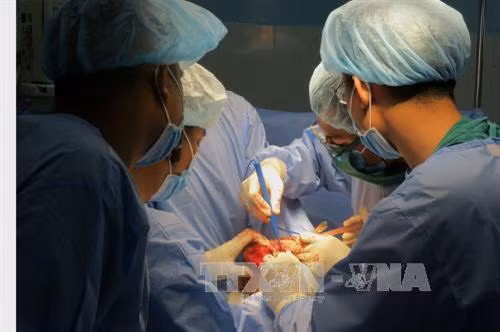 Các bác sĩ Bệnh viện quận Thủ Đức, Thành phố Hồ Chí Minh thực hiện thành công ca phẫu thuật thay khớp gối cho bệnh nhân V.V.C mắc rối loạn đông máu. Ảnh: Phương Vy- TTXVN
