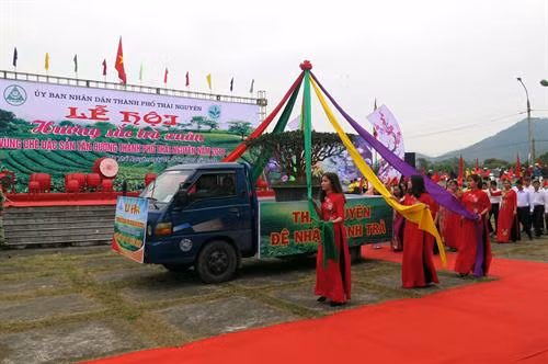 Các làng chè xã Tân Cương rước cây chè cổ. Ảnh: Quân Trang-TTXVN