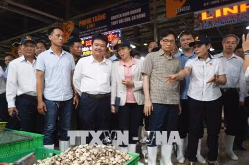Phó thủ tướng Chính Phủ Vũ Đức Đam cùng đoàn công tác thị sát tình hình kinh doanh buôn bán của bà con tiểu thương và công tác đảm bảo an toàn vệ sinh thực phẩm tại chợ đầu mối Bình Điền, Thành phố Hồ Chí Minh. Ảnh: Phương Vy-TTXVN