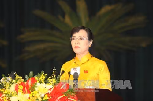 Chủ tịch HĐND Thành phố Hồ Chí Minh Nguyễn Thị Quyết Tâm phát biểu khai mạc kỳ họp. Ảnh: Thanh Vũ-TTXVN